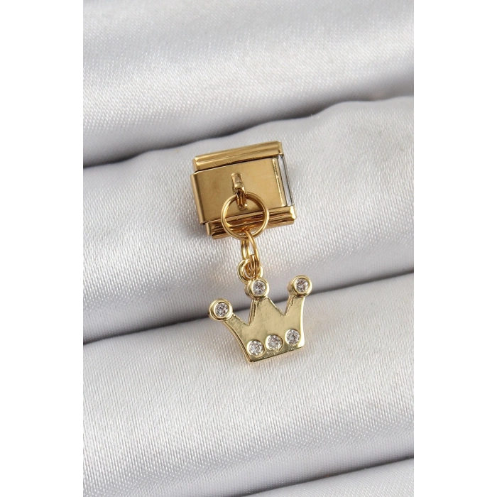 BFS 316L Çelik Sallantılı Zirkon Taşlı Kraliçe Tacı Model Gold Renk Nomination Charm