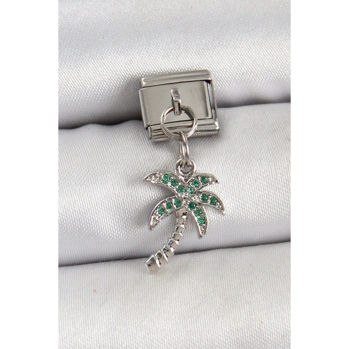 BFS 316L Çelik Sallantılı Zirkon Taşlı Palmiye Ağacı Model Gümüş Renk Nomination Charm