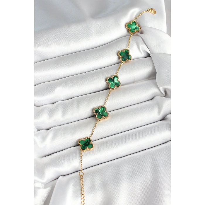 BFS 316L Çelik Sedefli Zümrüt Yeşil Gold Renk Yonca Kadın Bileklik