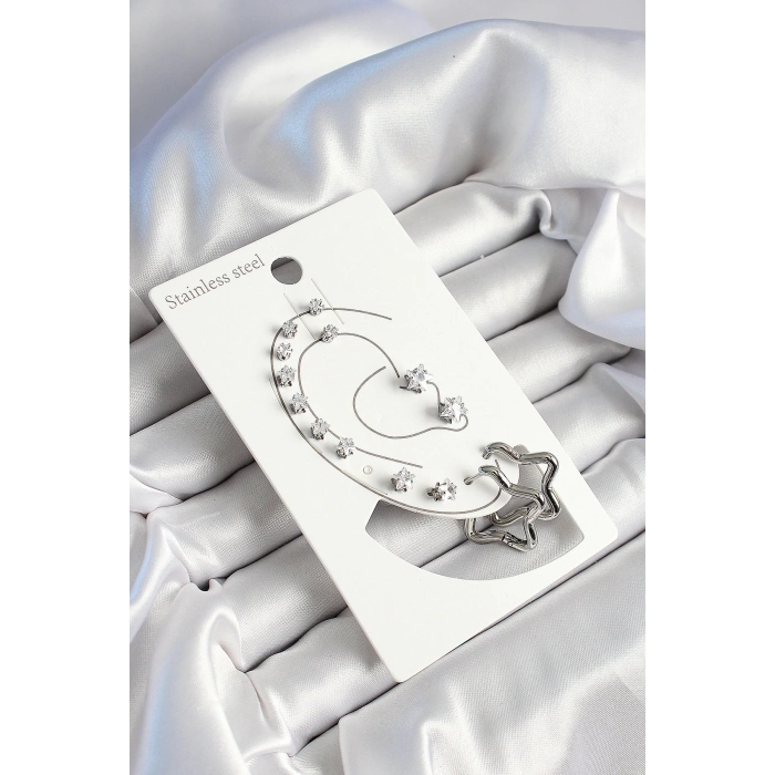 BFS 316L Çelik Yıldız Figürlü Ve Zirkon Taşlı Gümüş Renk 7li Çift Kadın Küpe Set