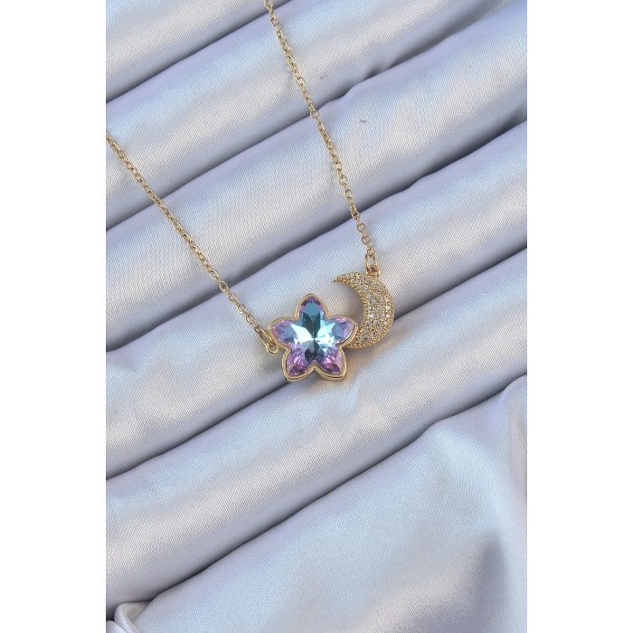 BFS 316L Çelik Zincir Altın Renk Ay Tasarımlı Renkli Zirkon Taşlı Çiçek Kolye