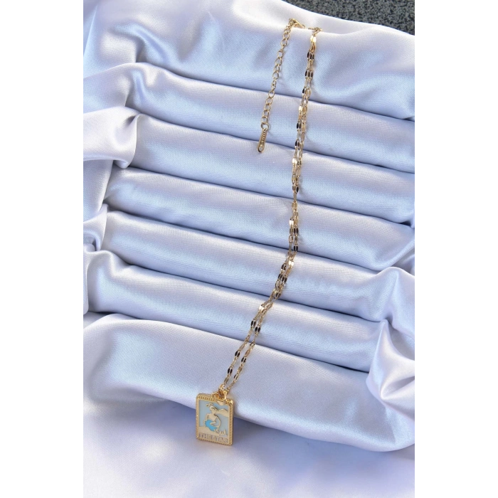 BFS 316L Çelik Zincir Altın Renk Mavi Mineli Tarot Kolye
