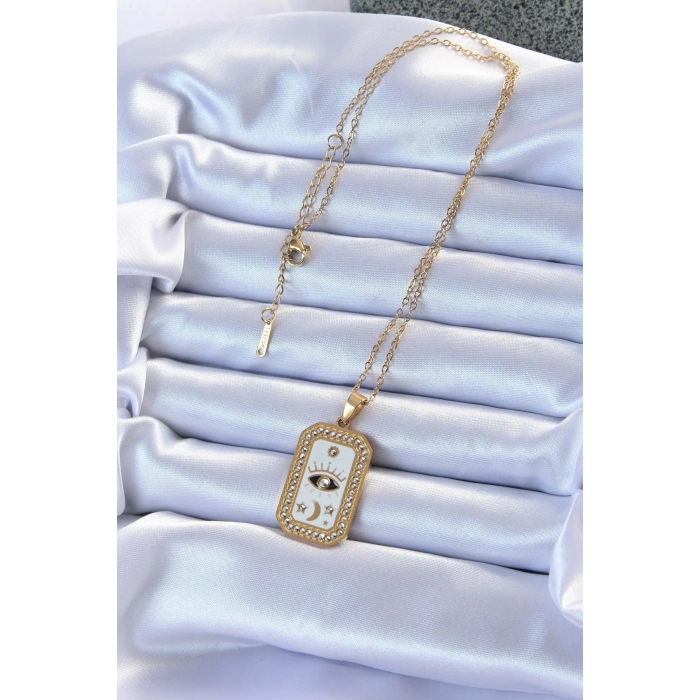 BFS 316L Çelik Zincir Altın Renk Mineli Zirkon Taşlı Göz Figür Tarot Kolye