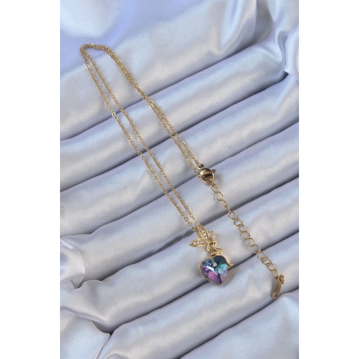 BFS 316L Çelik Zincir Altın Renk Mor Mavi Renk Zirkon Taşlı Kalp Detay Peri Kolye