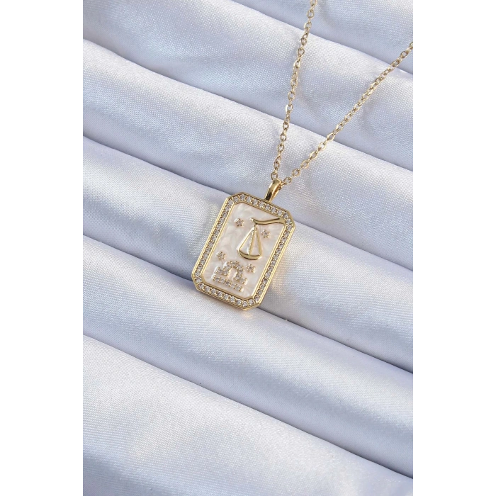 BFS 316L Çelik Zincir Altın Renk Zirkon Taşlı Çerçeveli Tarot Kolye