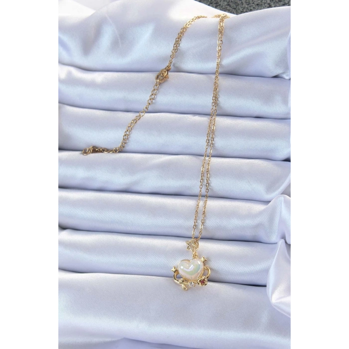 BFS 316L Çelik Zincir Altın Renk Zirkon Taşlı Gezegen Görünümlü Kalp Kolye