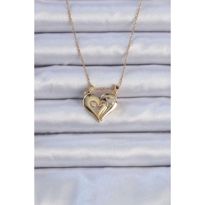 BFS 316L Çelik Zincir Altın Renk Zirkon Taşlı Mıknatıslı Kalp Kolye