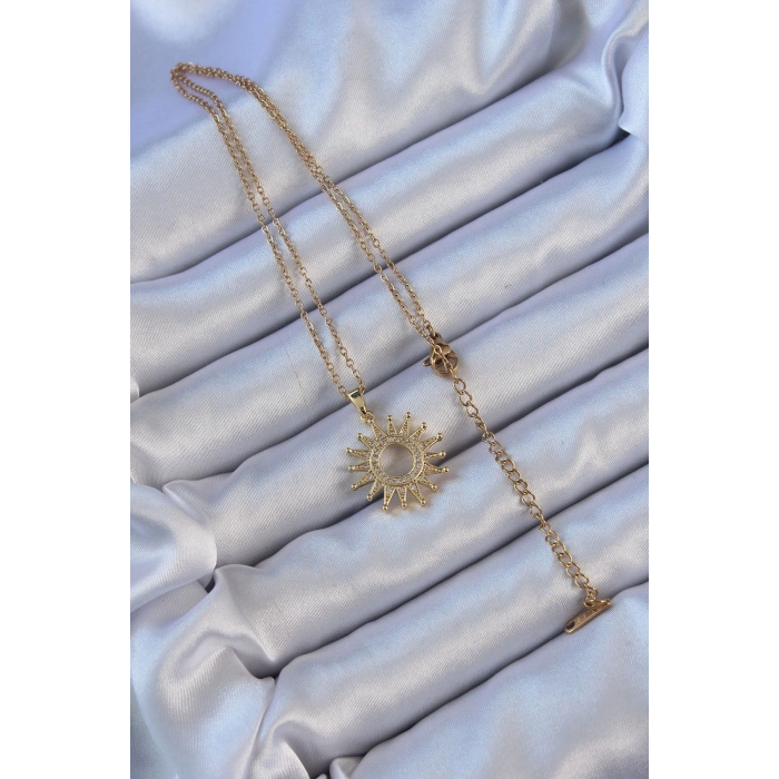 BFS 316L Çelik Zincir Altın Renk Zirkon Taşlı Parlayan Güneş Kolye