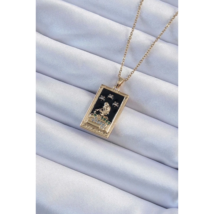 BFS 316L Çelik Zincir Altın Renk Zirkon Taşlı Siyah Mineli Kız Figürlü Tarot Kolye