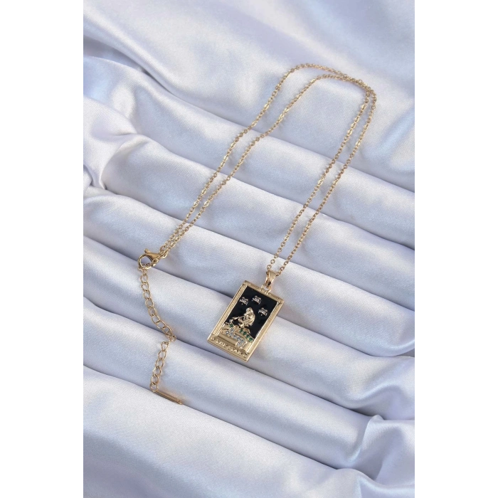 BFS 316L Çelik Zincir Altın Renk Zirkon Taşlı Siyah Mineli Kız Figürlü Tarot Kolye