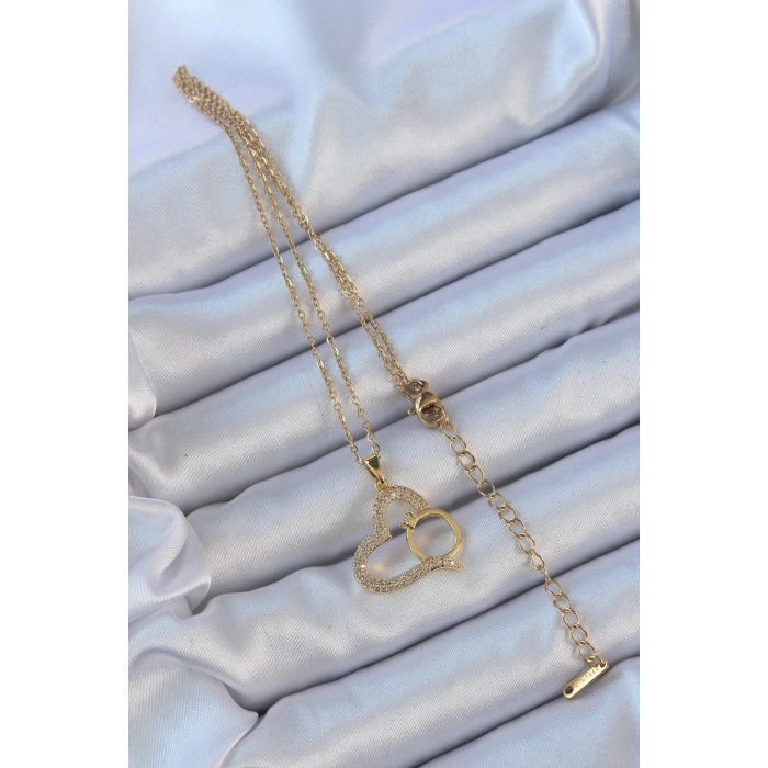 BFS 316L Çelik Zincir Altın Renk Zirkon Taşlı Yüzüklü Kalp Kolye