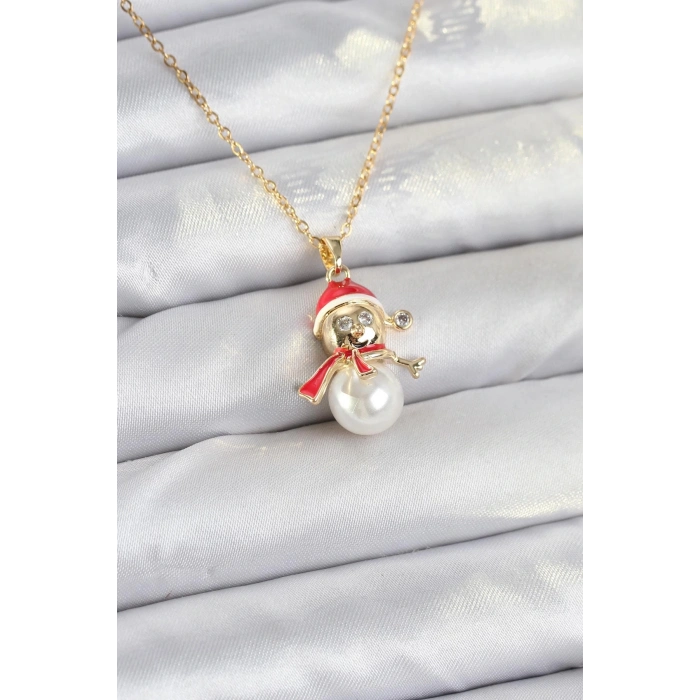 BFS 316L Çelik Zincir Gold Renk Kardan Adam Model Yılbaşı Temalı Kadın Kolye