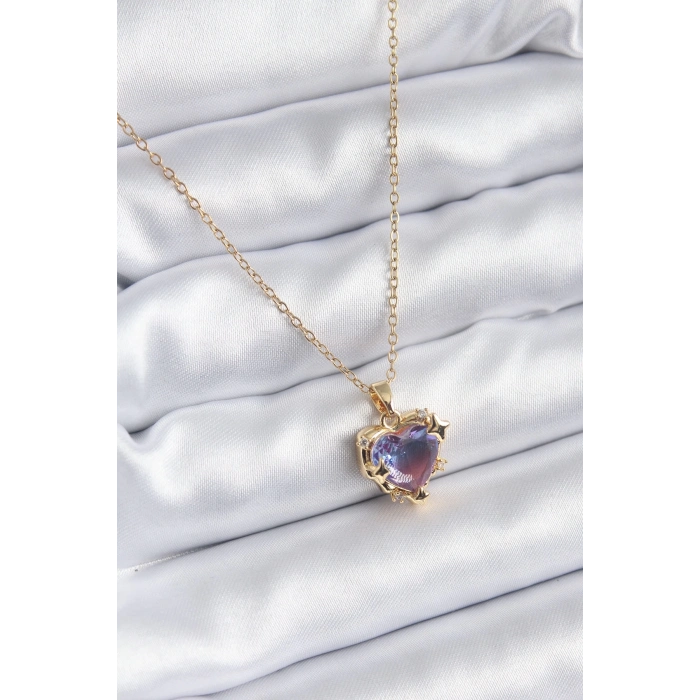 ÇOK SATAN BFS 316L Çelik Zincir Gold Renk Mor Renk Zirkon Taşlı Kalp Model Kadın Kolye