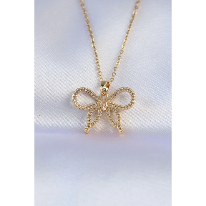 BFS 316L Çelik Zincir Gold Renk Zirkon Taşlı Fiyonk Kolye