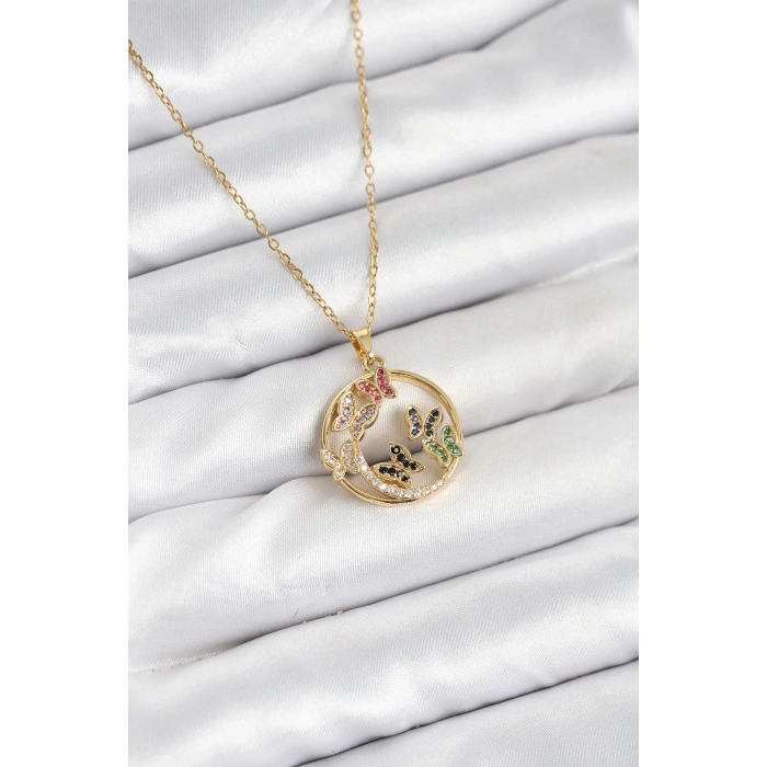 ÇOK SATAN BFS 316L Çelik Zincir Gold Renk Zirkon Taşlı Kelebekli Kadın Kolye