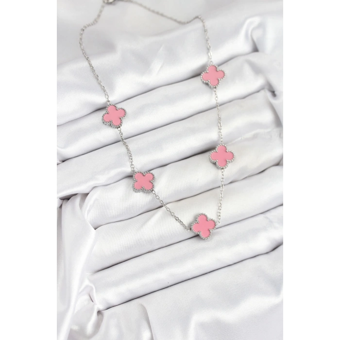 BFS 316L Çelik Zincir Gümüş Pembe Renk Yonca Kadın Kolye