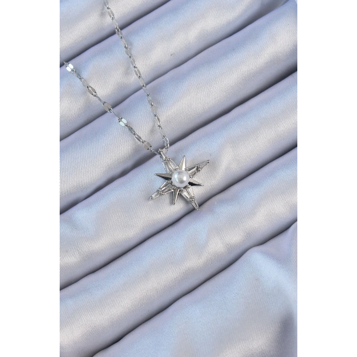 BFS 316L Çelik Zincir Gümüş Renk Baget Taşlı İnci Detay Kutup Yıldızı Kolye