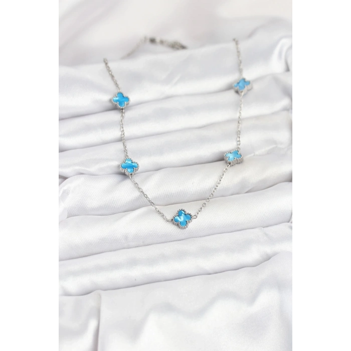 BFS 316L Çelik Zincir Gümüş Renk Buz Mavisi Baby Boy Yonca Kadın Kolye