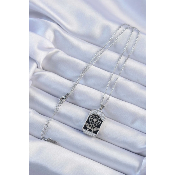 BFS 316L Çelik Zincir Gümüş Renk İşlemeli Siyah Mineli Tarot Kolye