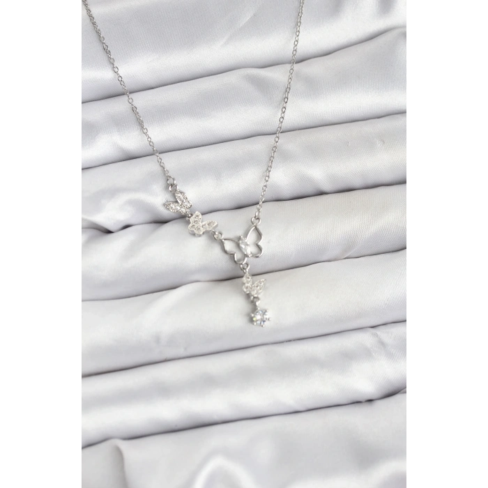 BFS 316L Çelik Zincir Gümüş Renk Kelebek Model Kadın Kolye