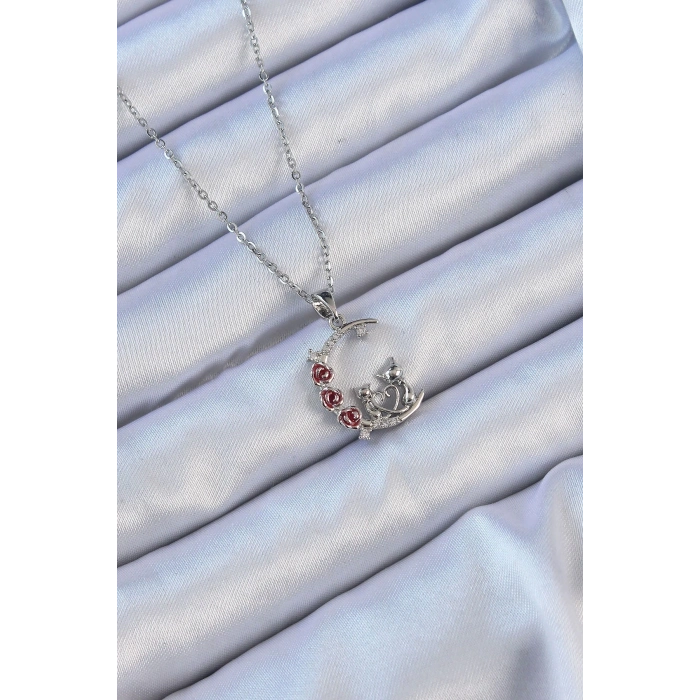 BFS 316L Çelik Zincir Gümüş Renk Kırmızı Gül Detay Kedi Figür Zirkon Taşlı Ay Kolye