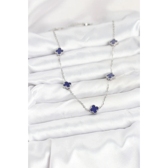 BFS 316L Çelik Zincir Gümüş Renk Lacivert Baby Boy Yonca Kadın Kolye