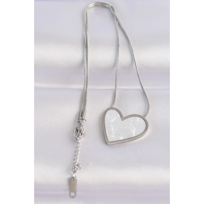 BFS 316L Çelik Zincir Gümüş Renk Mermer Desenli Kalp Kolye