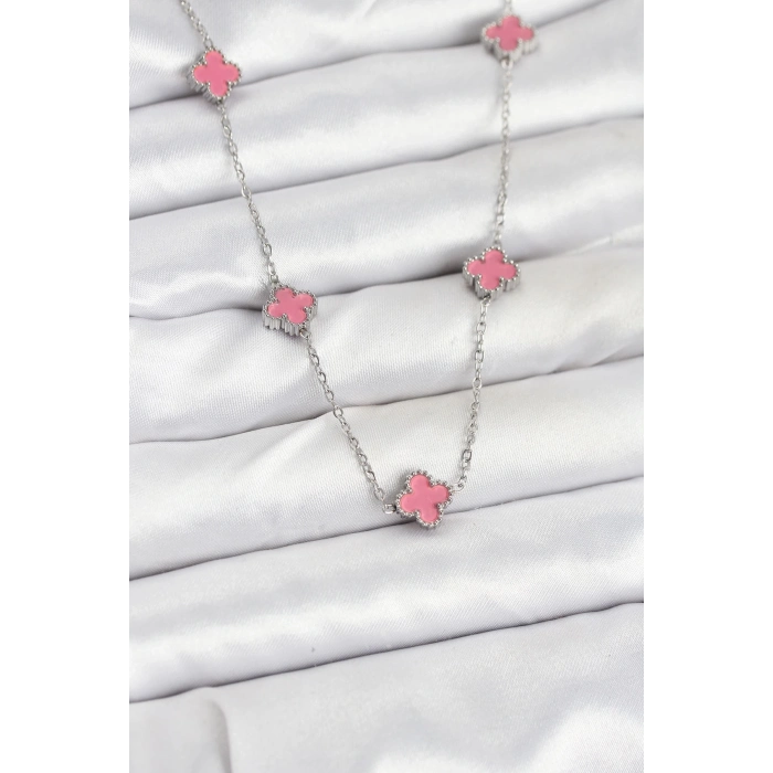 BFS 316L Çelik Zincir Gümüş Renk Pembe Baby Boy Yonca Kadın Kolye