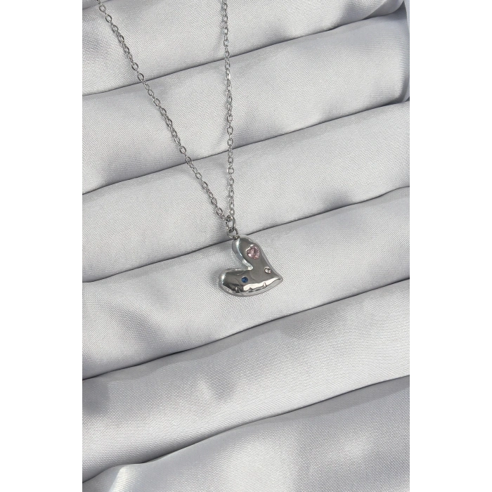 BFS 316L Çelik Zincir Gümüş Renk Renkli Zirkon Taşlı Kalp Kolye