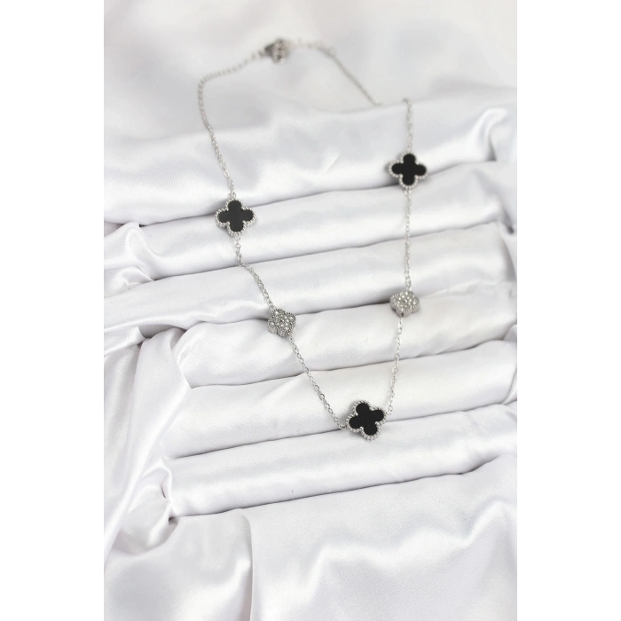 BFS 316L Çelik Zincir Gümüş Renk Siyah ve Zirkon Taşlı Yonca Kadın Kolye