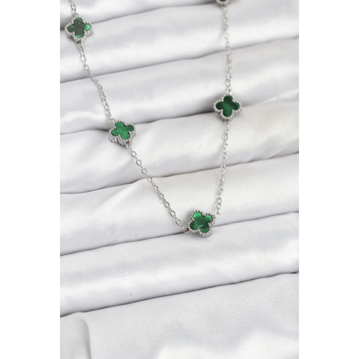 BFS 316L Çelik Zincir Gümüş Renk Yeşil Baby Boy Yonca Kadın Kolye