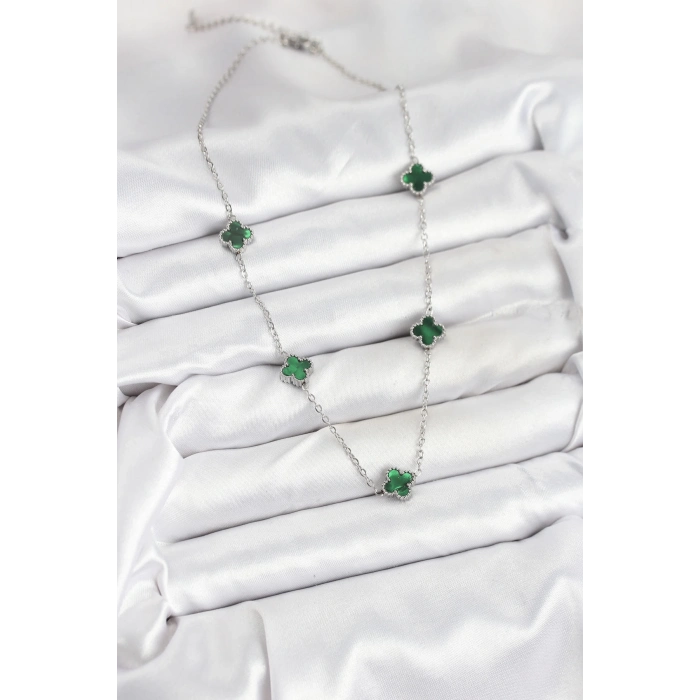 BFS 316L Çelik Zincir Gümüş Renk Yeşil Baby Boy Yonca Kadın Kolye