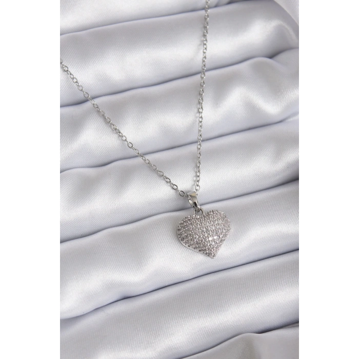 ÇOK SATAN BFS 316L Çelik Zincir Gümüş Renk Zirkon Taş Detay Kalp Model Kadın Kolye