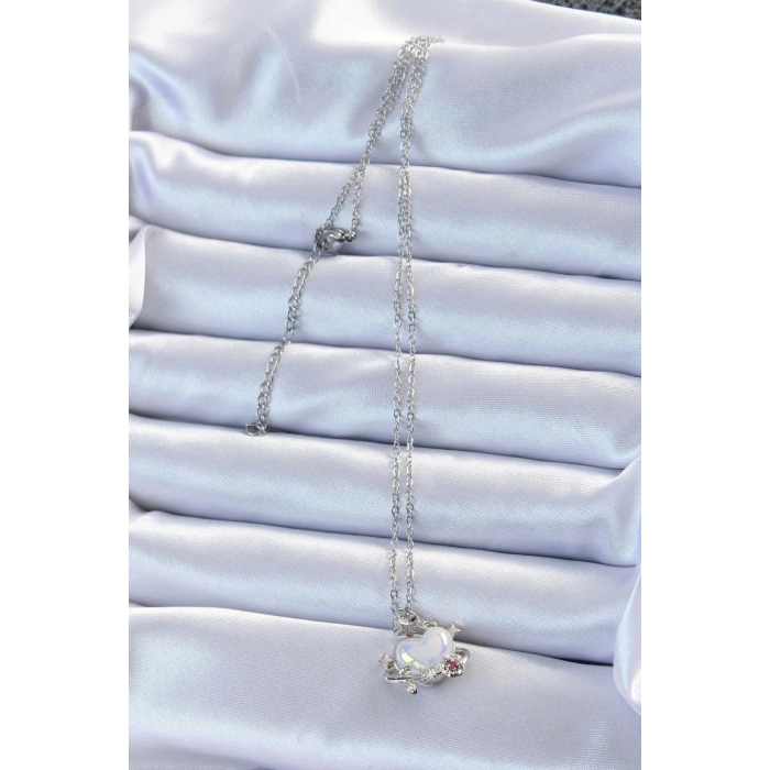 BFS 316L Çelik Zincir Gümüş Renk Zirkon Taşlı Gezegen Görünümlü Kalp Kolye