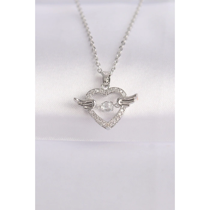 BFS 316L Çelik Zincir Gümüş Renk Zirkon Taşlı Kanatlı Kalp Kolye