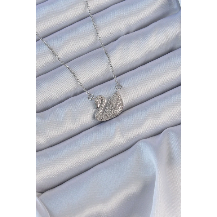 BFS 316L Çelik Zincir Gümüş Renk Zirkon Taşlı Kuğu Kolye