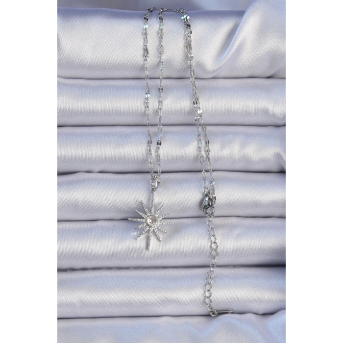 BFS 316L Çelik Zincir Gümüş Renk Zirkon Taşlı Kutup Yıldızı Kolye