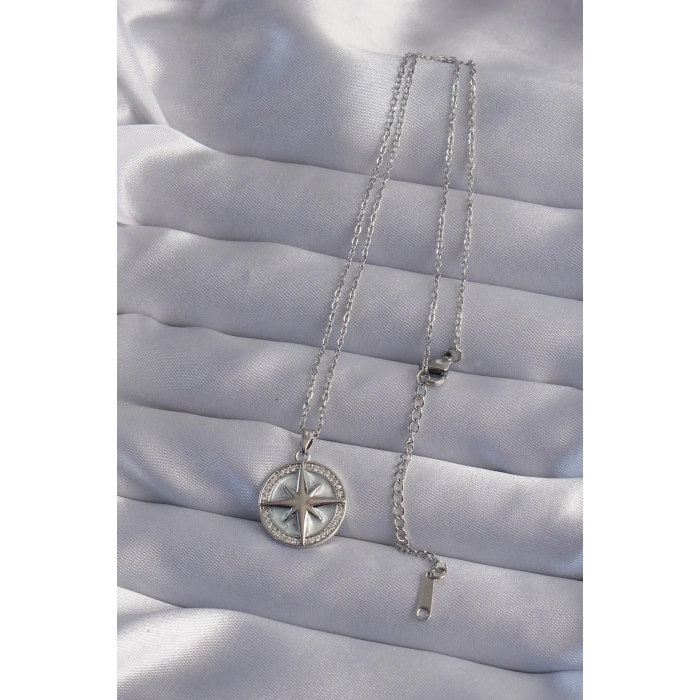 BFS 316L Çelik Zincir Gümüş Renk Zirkon Taşlı Kutup Yıldızı Kolye