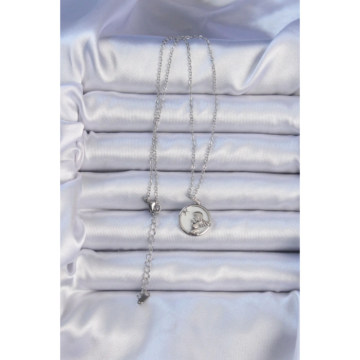 BFS 316L Çelik Zincir Gümüş Renk Zirkon Taşlı Mineli Melek Kolye