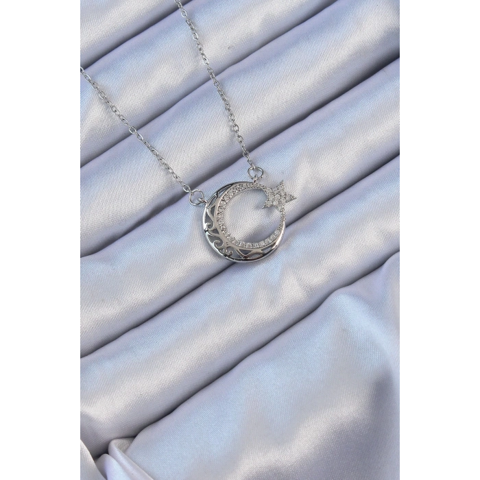 BFS 316L Çelik Zincir Gümüş Renk Zirkon Taşlı Motifli Ay Yıldız Kolye