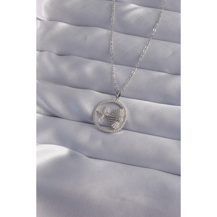 BFS 316L Çelik Zincir Gümüş Renk Zirkon Taşlı Yıldız Figürlü Oval Kolye