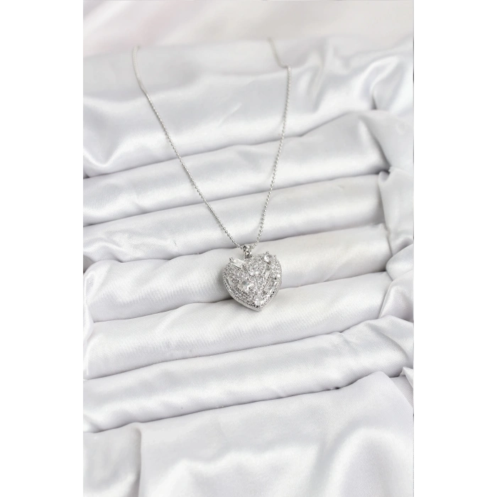 ÇOK SATAN BFS 316L Çelik Zincir Gümüş Zirkon Taşlı Kalpli Kadın Kolye