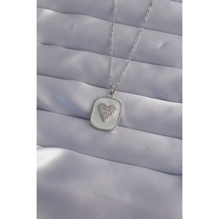 BFS 316L Çelik Zincir Mermer Desenli Gümüş Renk Zirkon Taşlı Kalp Model Kolye