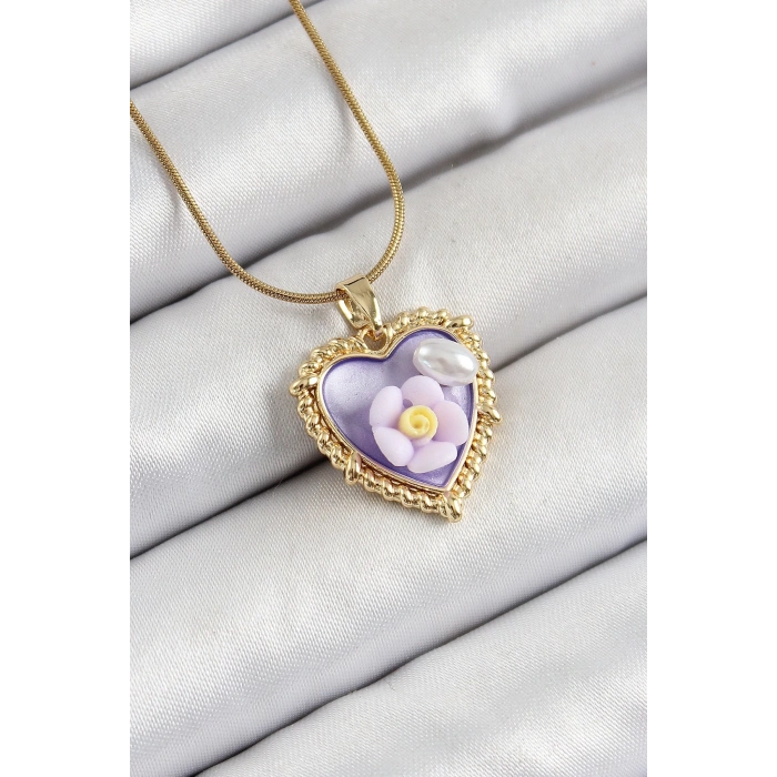 BFS 316L Çelik Zincir Mor Sanatsal Portre İnci Detaylı Papatya Figürlü Kalp Model Gold Renk Kadın Kolye