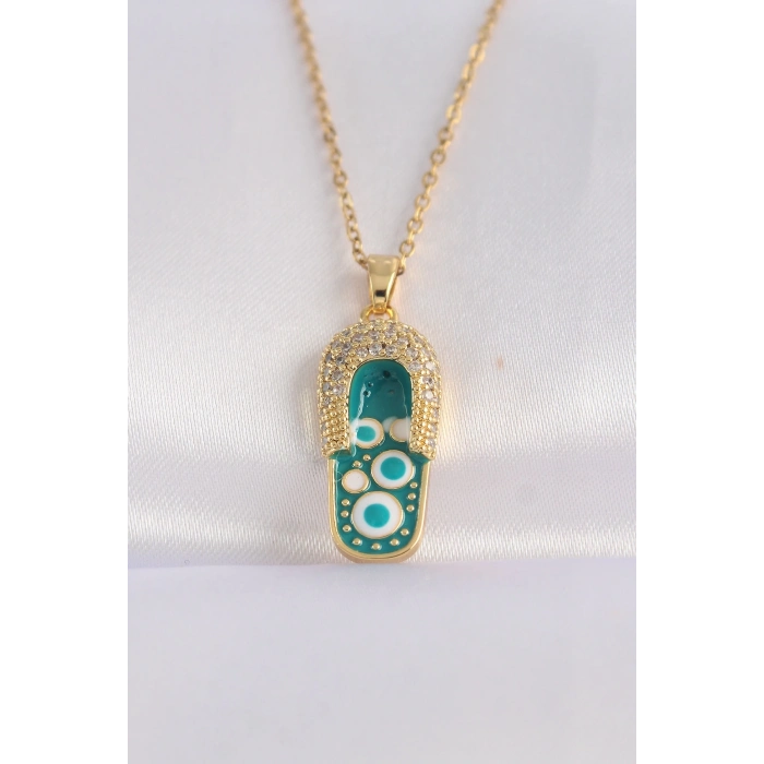 BFS 316L Çelik Zincir Zirkon Taşlı Altın Renk Nazarlı Terlik Tasarımlı Kolye