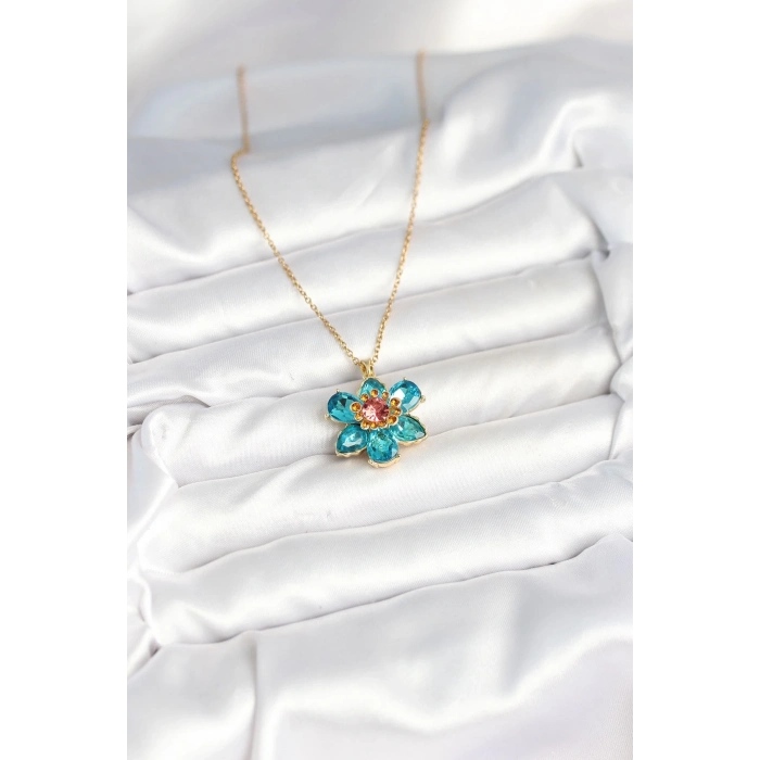 BFS 316L Çelik Zincirli Mavi Çiçek Model Kadın Kolye