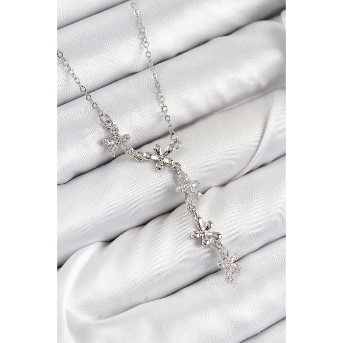 BFS 316L Çelik Zirkon Taşlı Çiçek Model Gümüş Renk Kadın Kolye