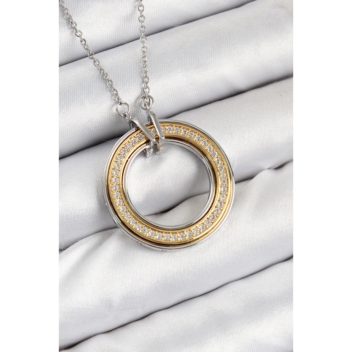 BFS 316L Çelik Zirkon Taşlı Dönen Daire Model Gold Ve Gümüş Renk Kadın Kolye