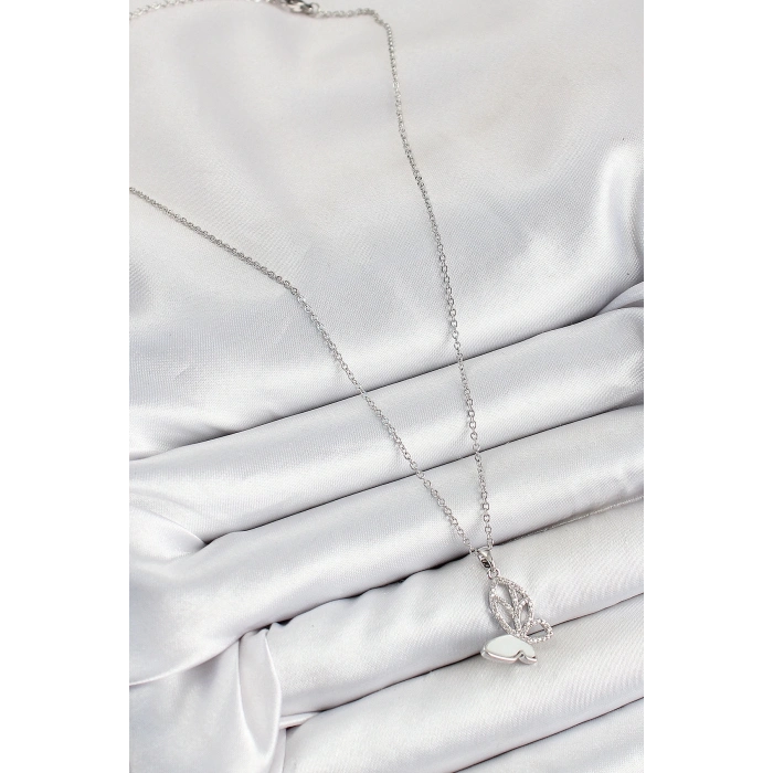 BFS 316L Çelik Zirkon Taşlı Kelebek Model Gümüş Renk Kadın Kolye