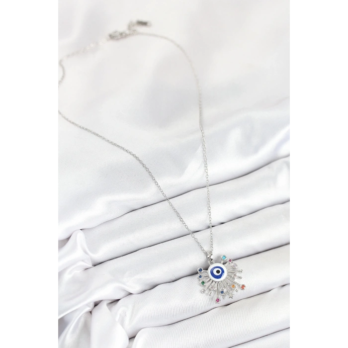BFS 316L Çelik Zirkon Taşlı Nazar Model Gümüş Renk Kadın Kolye